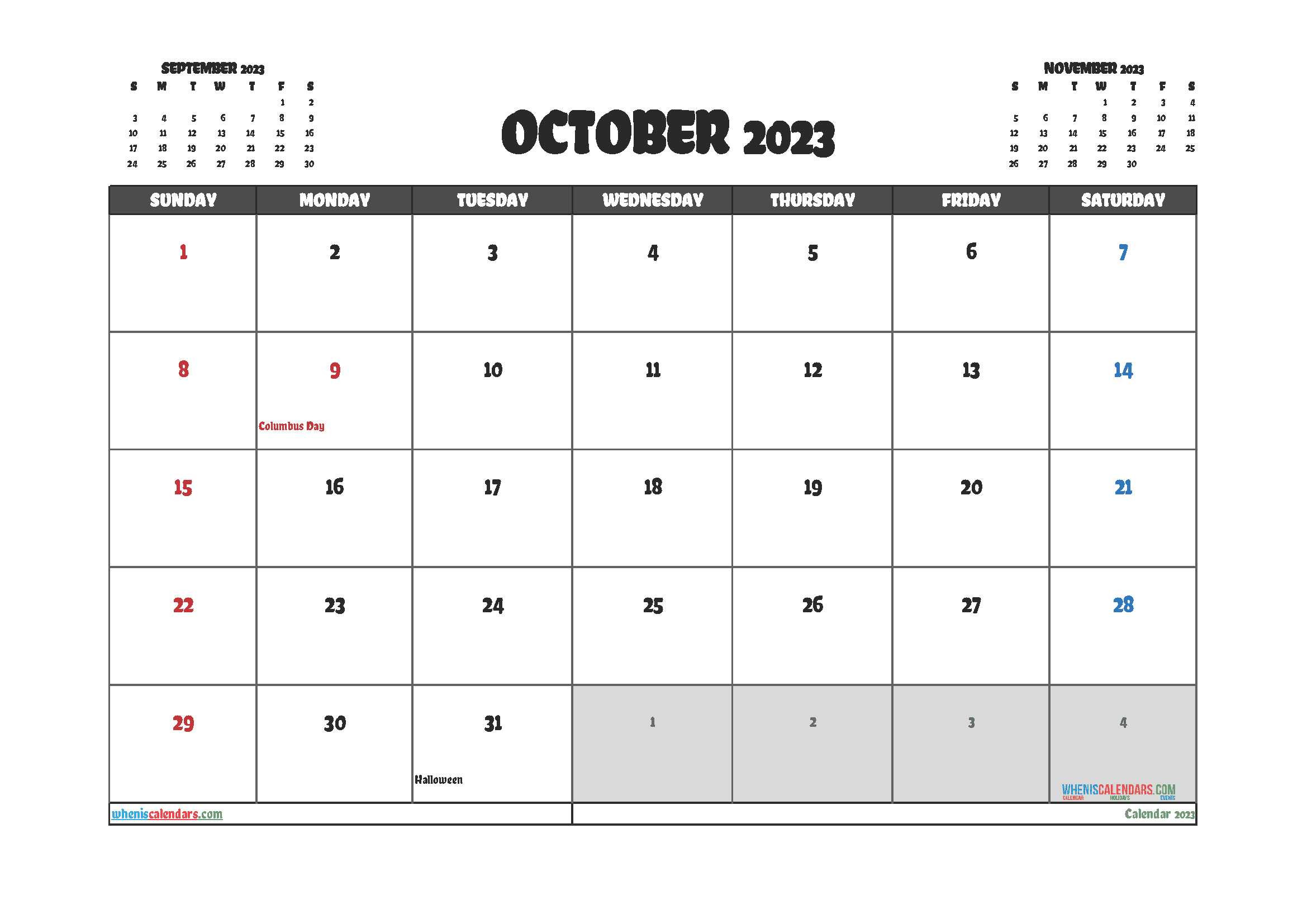 October 2023 Calendar with Holidays Free