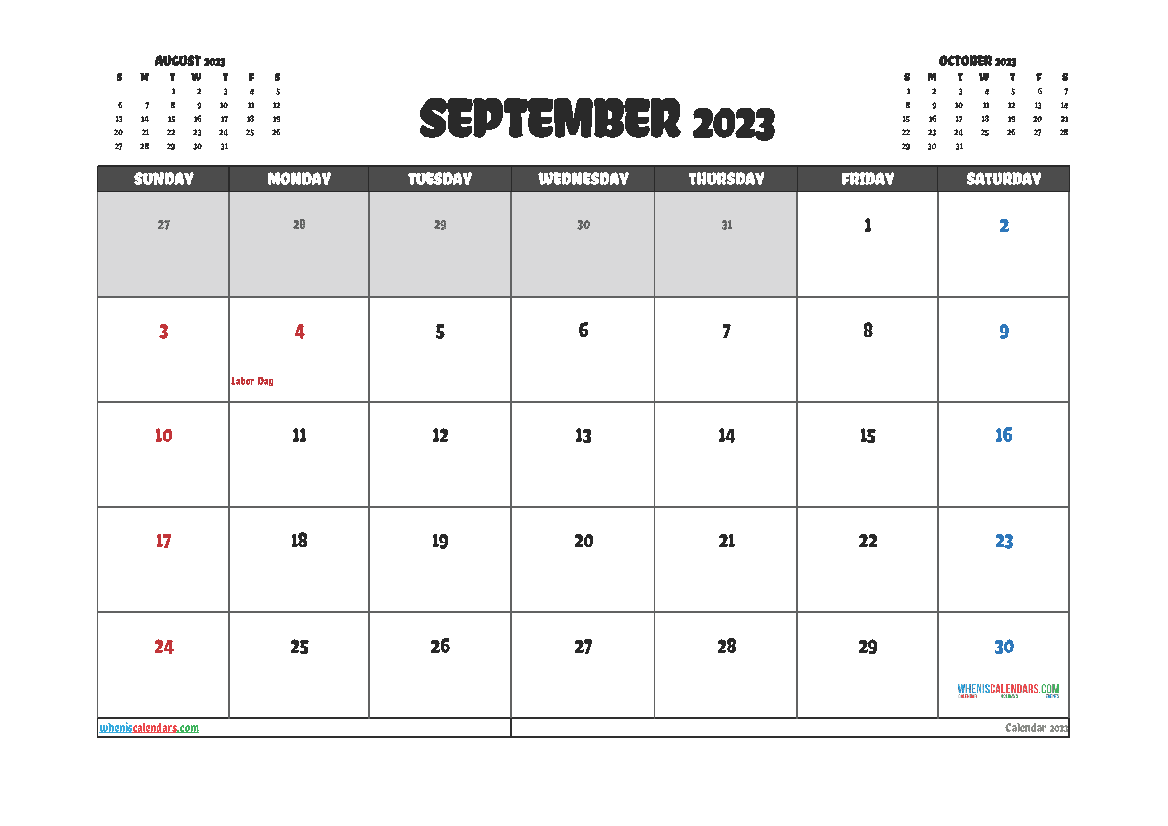 September 2023 Calendar with Holidays Free