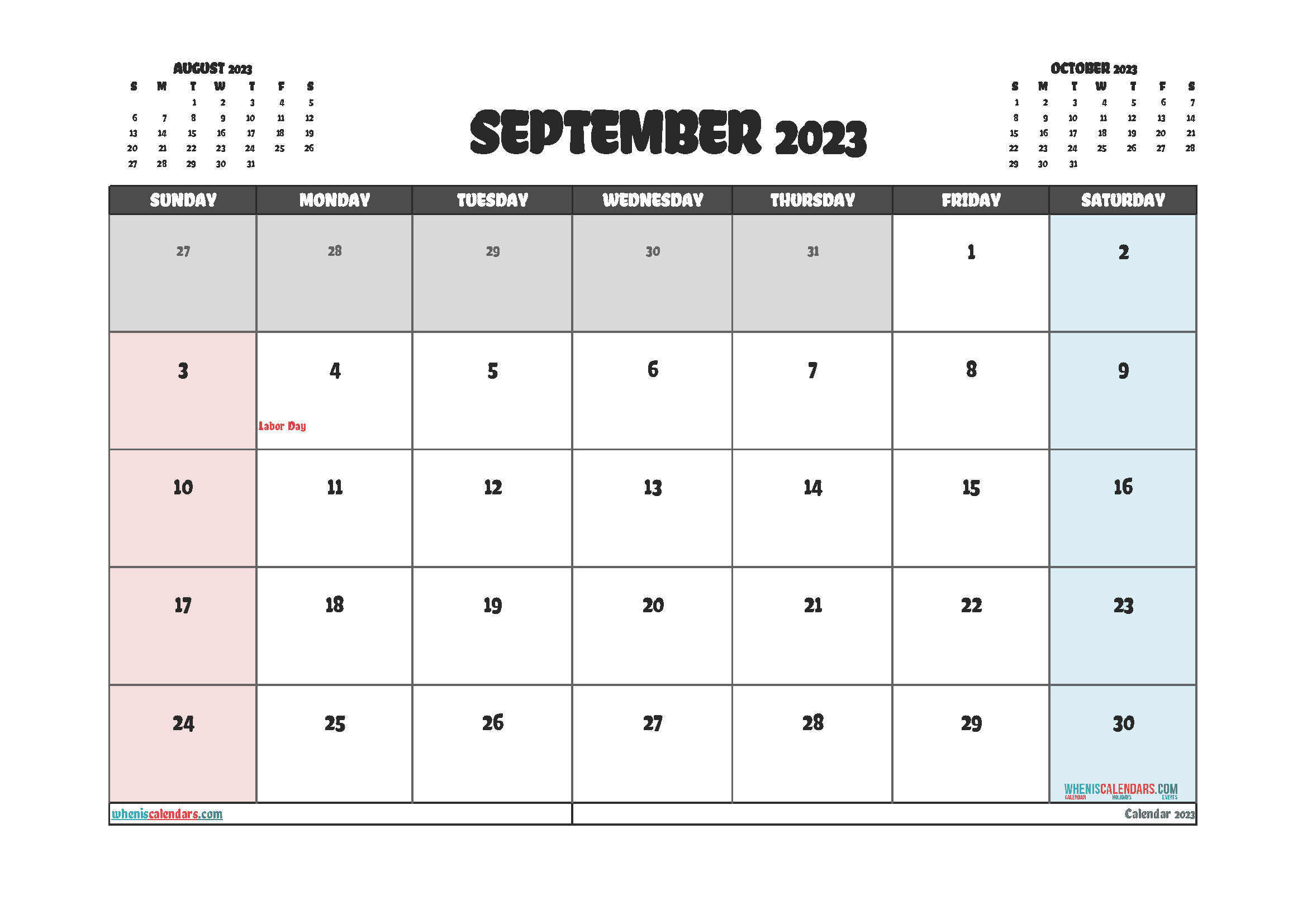 September 2023 Calendar with Holidays Printable