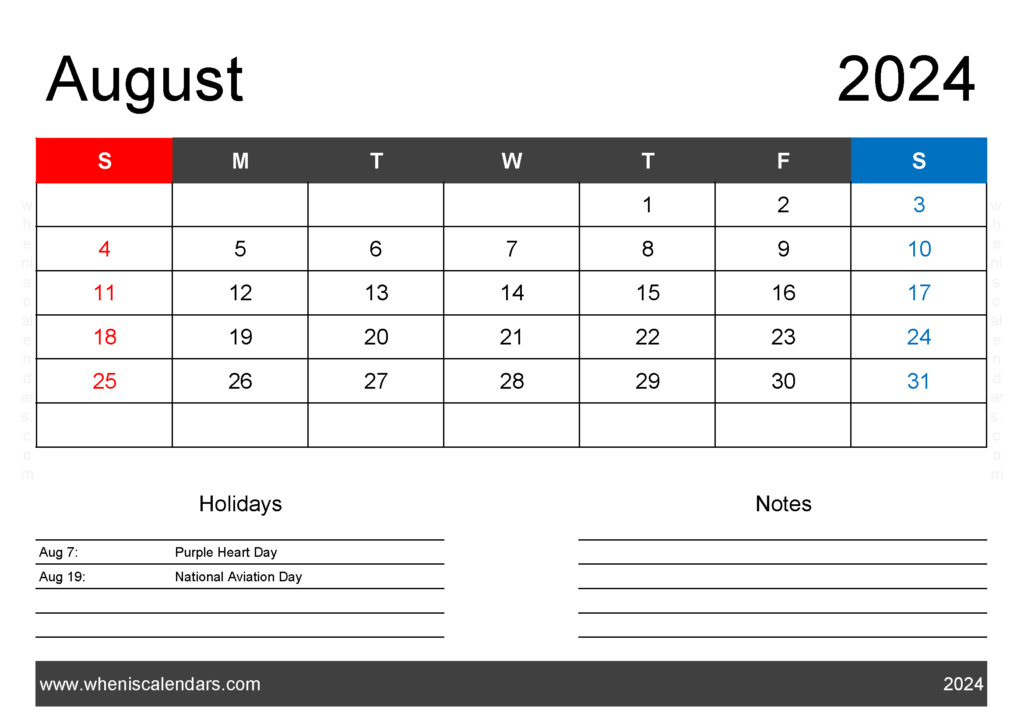 Download Aug 2024 Holiday Calendar A4 Horizontal 84121