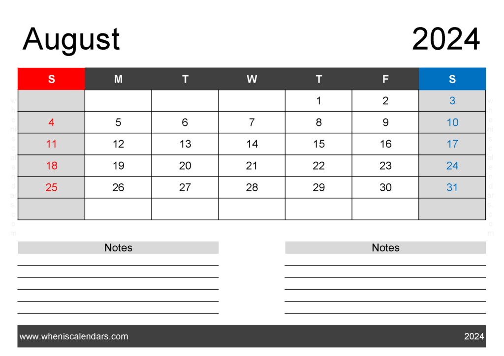 Cute Printable August 2024 Calendar A8202