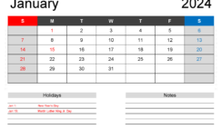 Download excel January 2024 Calendar A4 Horizontal J4122