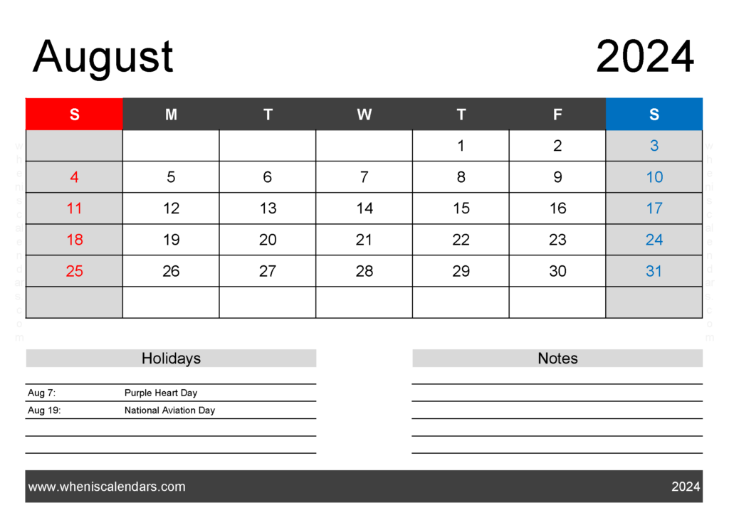 Download excel August 2024 Calendar A4 Horizontal 84122