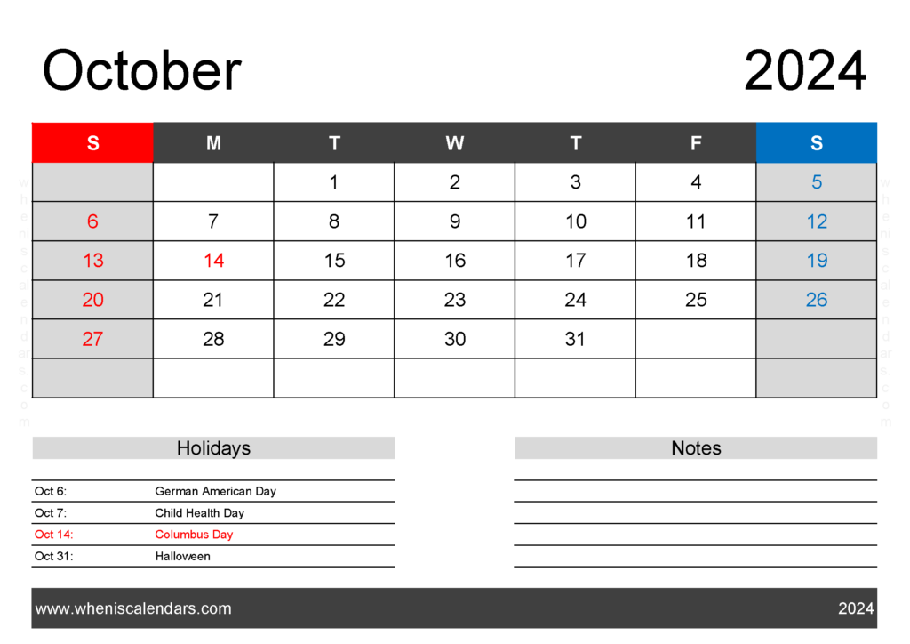 Download excel October 2024 Calendar A4 Horizontal 104122