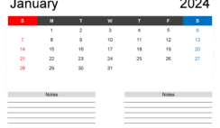 Download Printable Blank Calendar January 2024 A4 Horizontal J4203