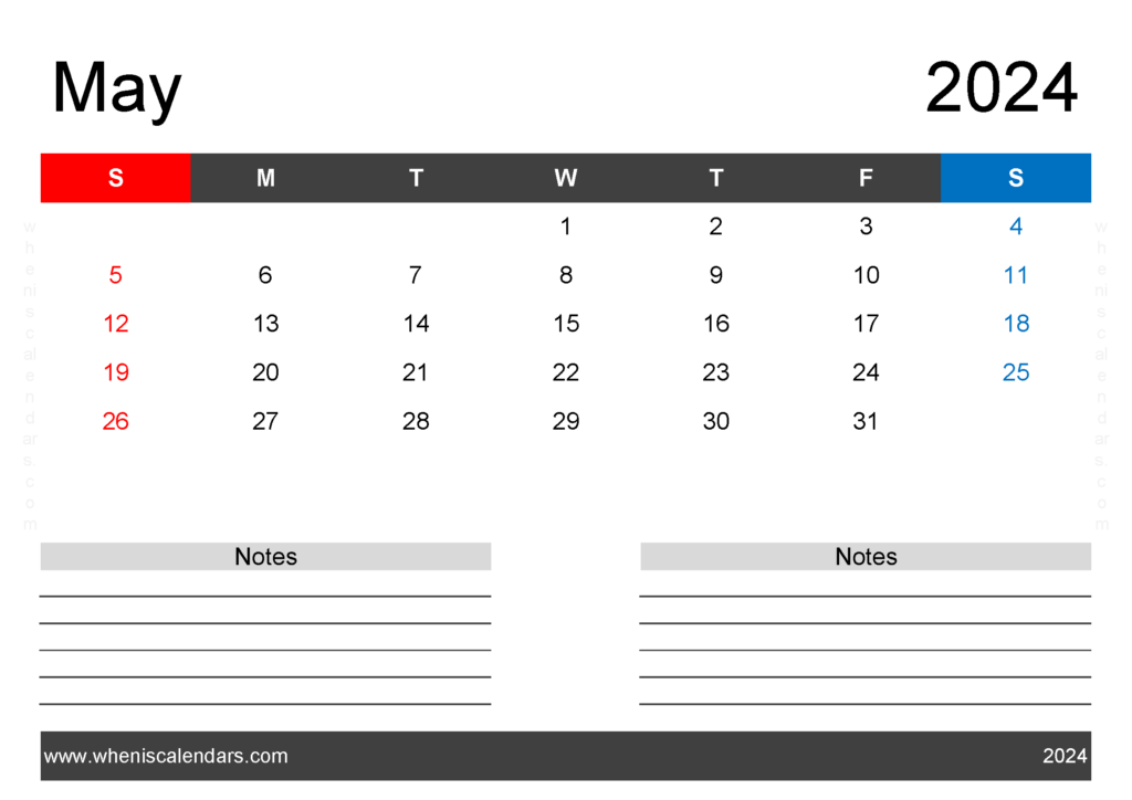 Download Printable Blank Calendar May 2024 A4 Horizontal 54203