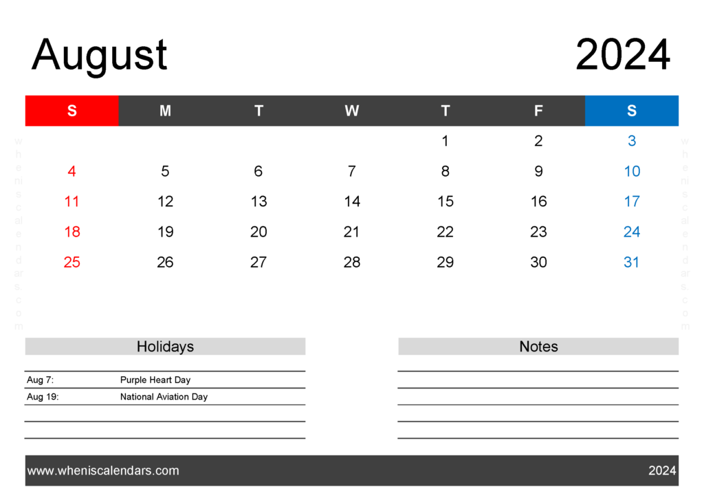 Download Blank Aug 2024 Calendar Printable pdf A4 Horizontal 84123