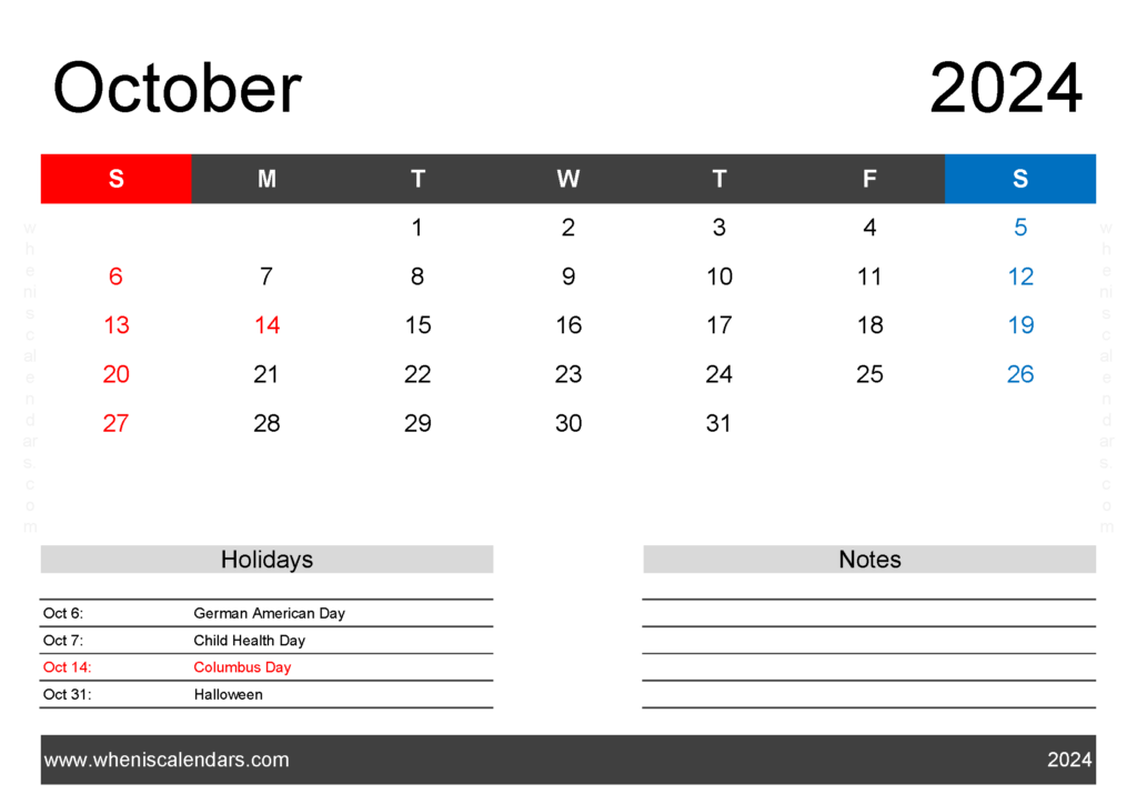 Download Blank Oct 2024 Calendar Printable pdf A4 Horizontal 104123