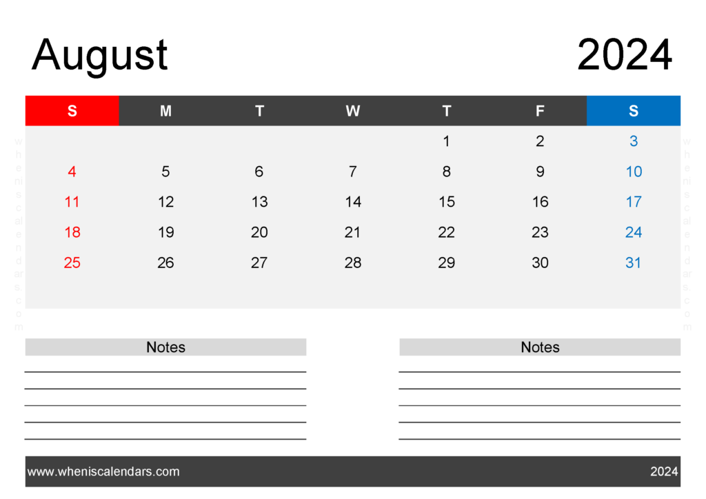 Download Free Printable Calendar August 2024 with Holidays A4 Horizontal 84204