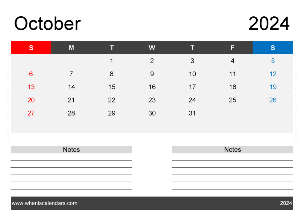 Download Cute Printable October 2024 Calendar A4 Horizontal 104202