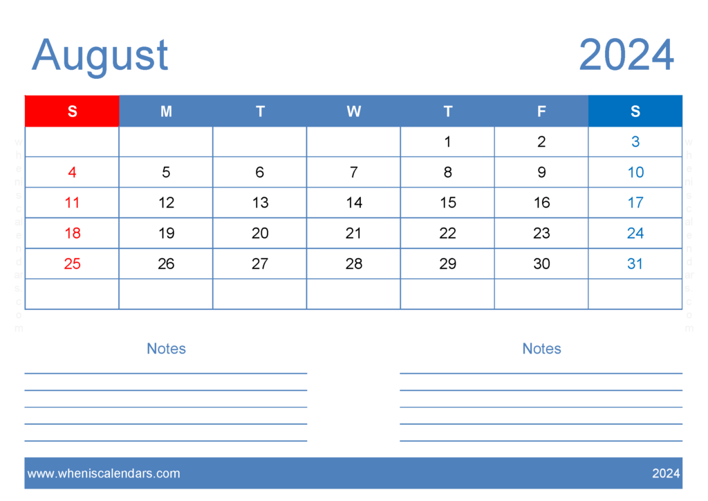 Download August 2024 Free Printable Calendar with Holidays A4 Horizontal 84205