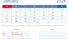 Download Jan 2024 Printable Calendar Free A4 Horizontal J4125