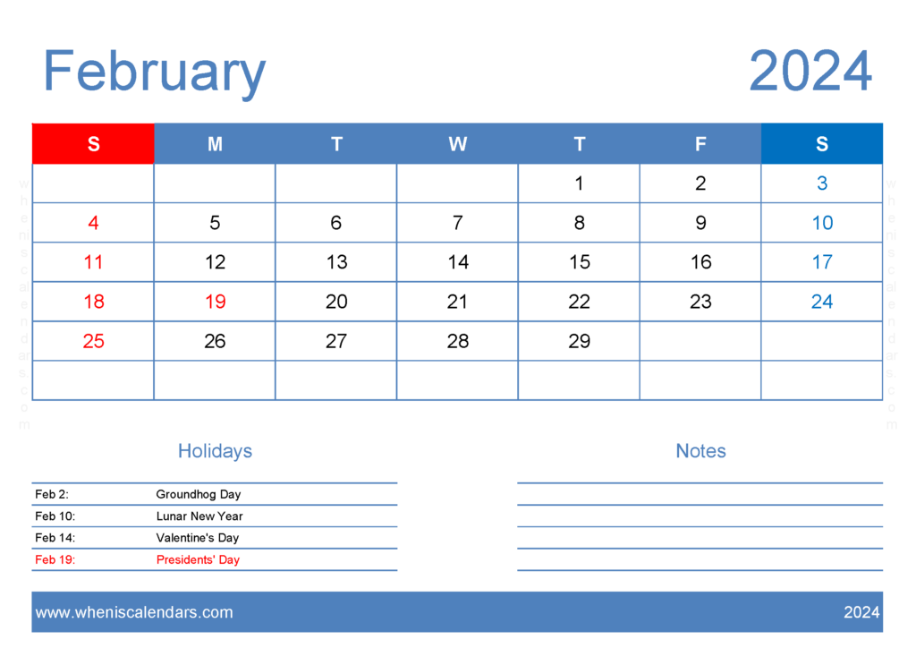 Download Feb 2024 Printable Calendar Free A4 Horizontal 24125