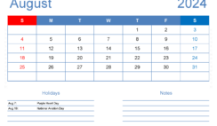 August 2024 Calendar Template Editable A8405