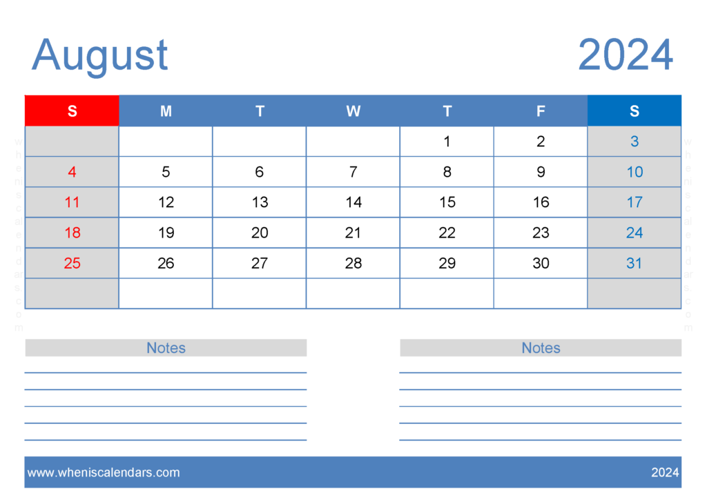 Download August Free Printable Calendar 2024 A4 Horizontal 84206