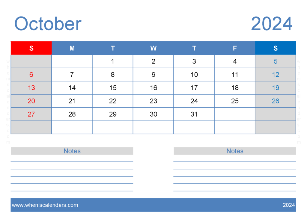 Download October Free Printable Calendar 2024 A4 Horizontal 104206