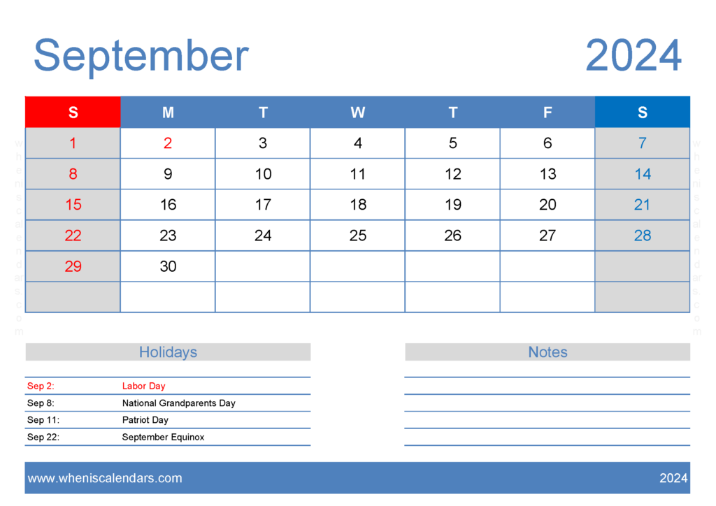 Download Free September Printable Calendar 2024 A4 Horizontal 94126