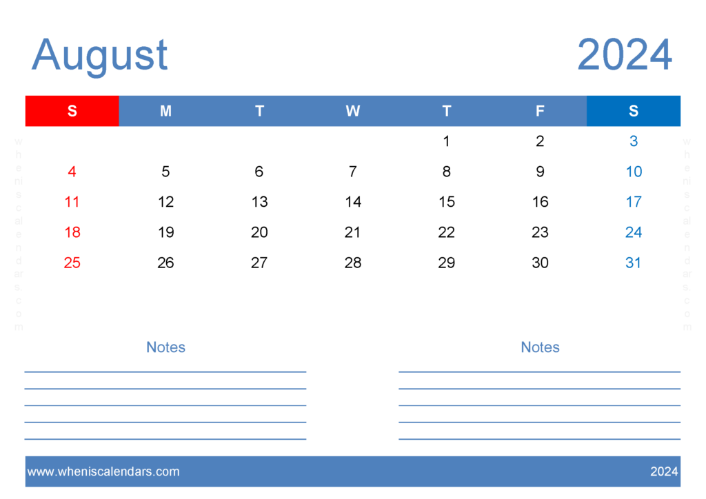 Download Printable 2024 Calendar August A4 Horizontal 84207