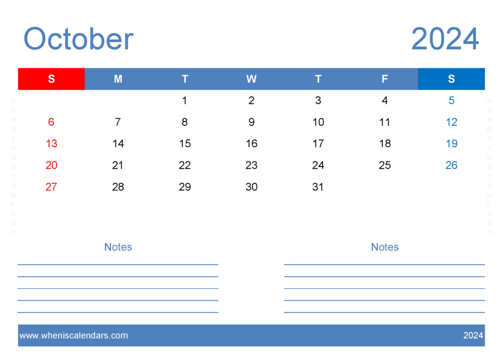 Download Printable 2024 Calendar October A4 Horizontal 104207