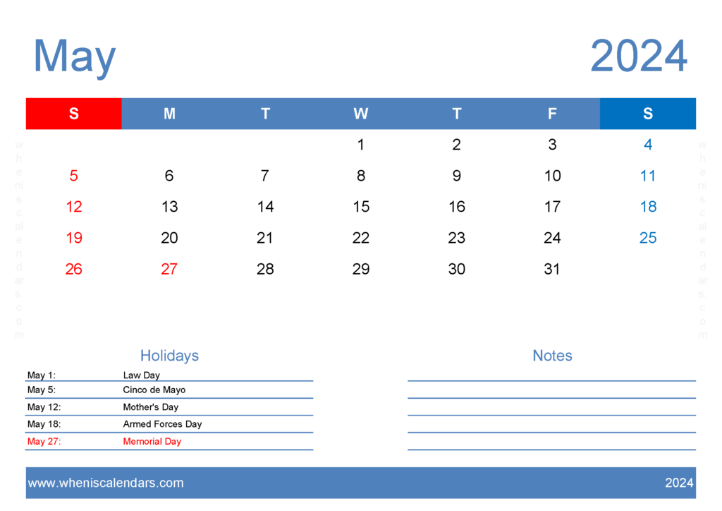 Download 2024 May Calendar Template A4 Horizontal 54127