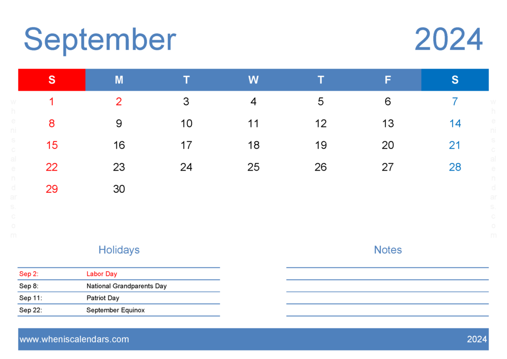 Download 2024 September Calendar Template A4 Horizontal 94127