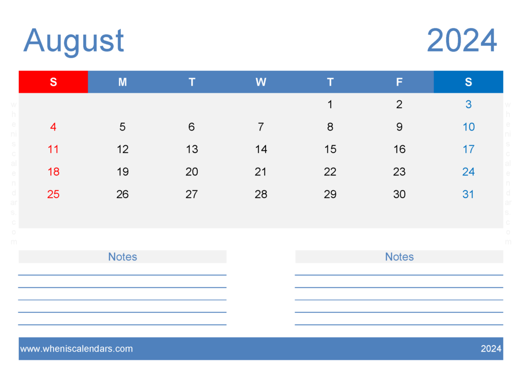 Download August 2024 Calendar page to print A4 Horizontal 84208