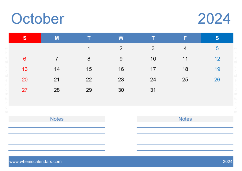 Download October 2024 Calendar page to print A4 Horizontal 104208