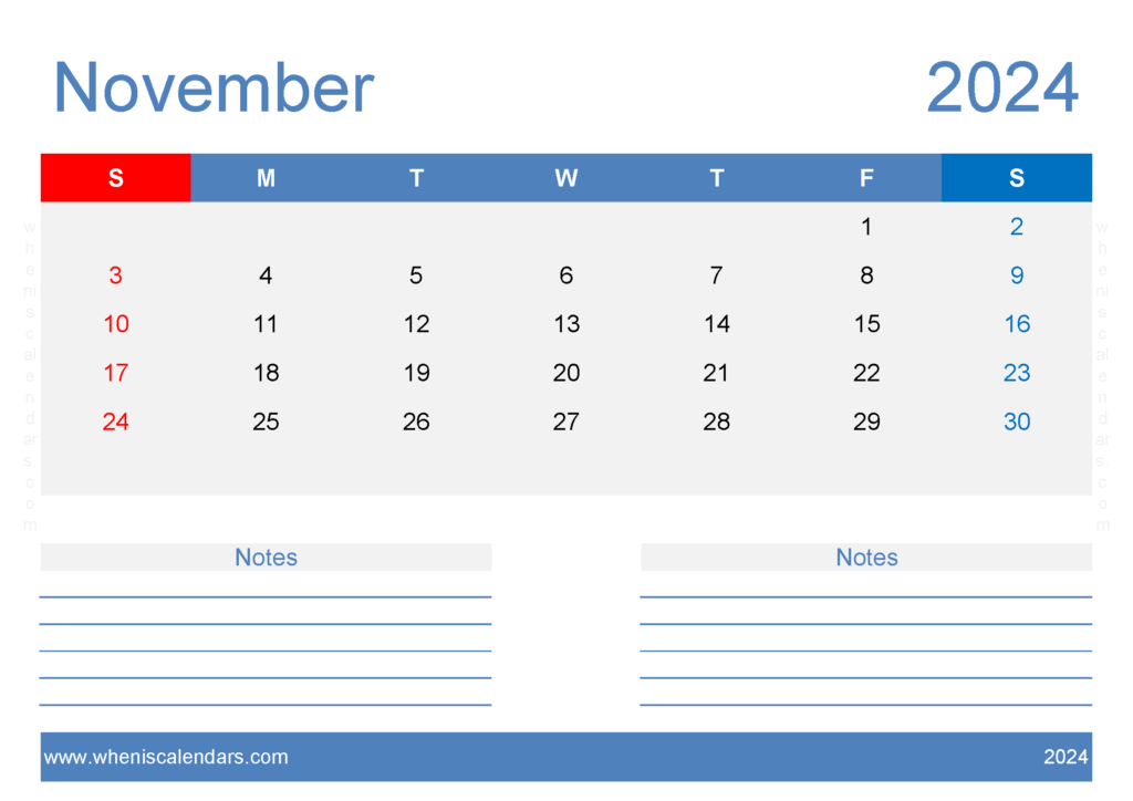 Download November 2024 Calendar page to print A4 Horizontal 114208