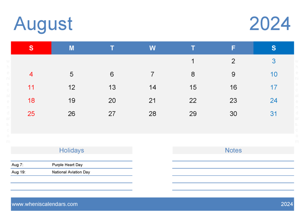 Aug Free Printable Calendar A