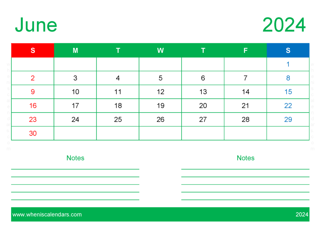 Download Free Blank June 2024 Calendar A4 Horizontal 64209