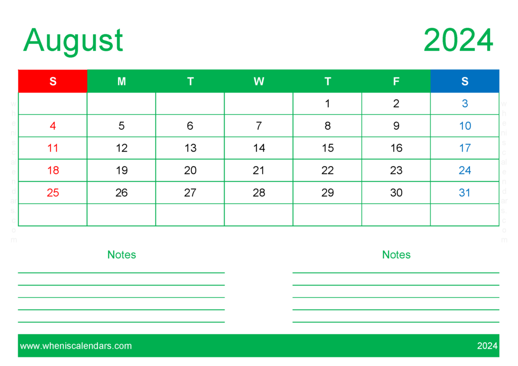 Download Free Blank August 2024 Calendar A4 Horizontal 84209