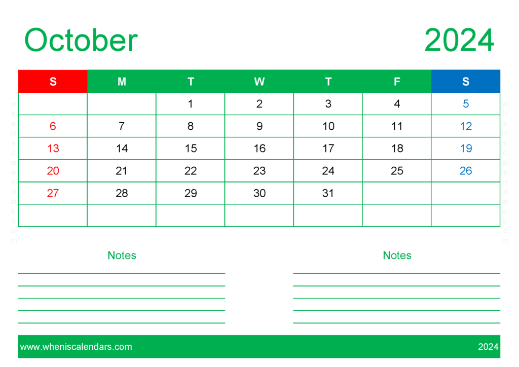 Download Free Blank October 2024 Calendar A4 Horizontal 104209