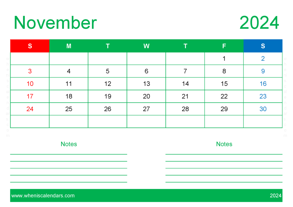 Download Free Blank November 2024 Calendar A4 Horizontal 114209