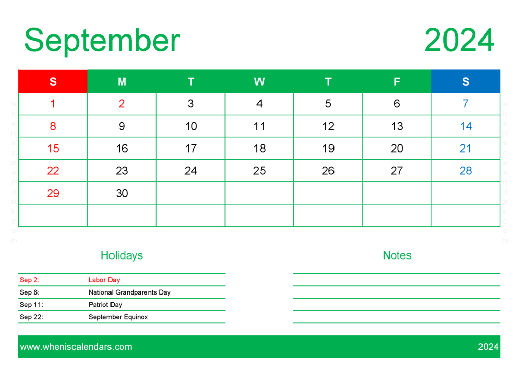 Download Printable monthly Calendar 2024 September A4 Horizontal 94129