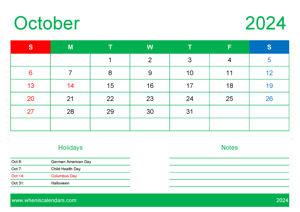 Download Printable monthly Calendar 2024 October A4 Horizontal 104129