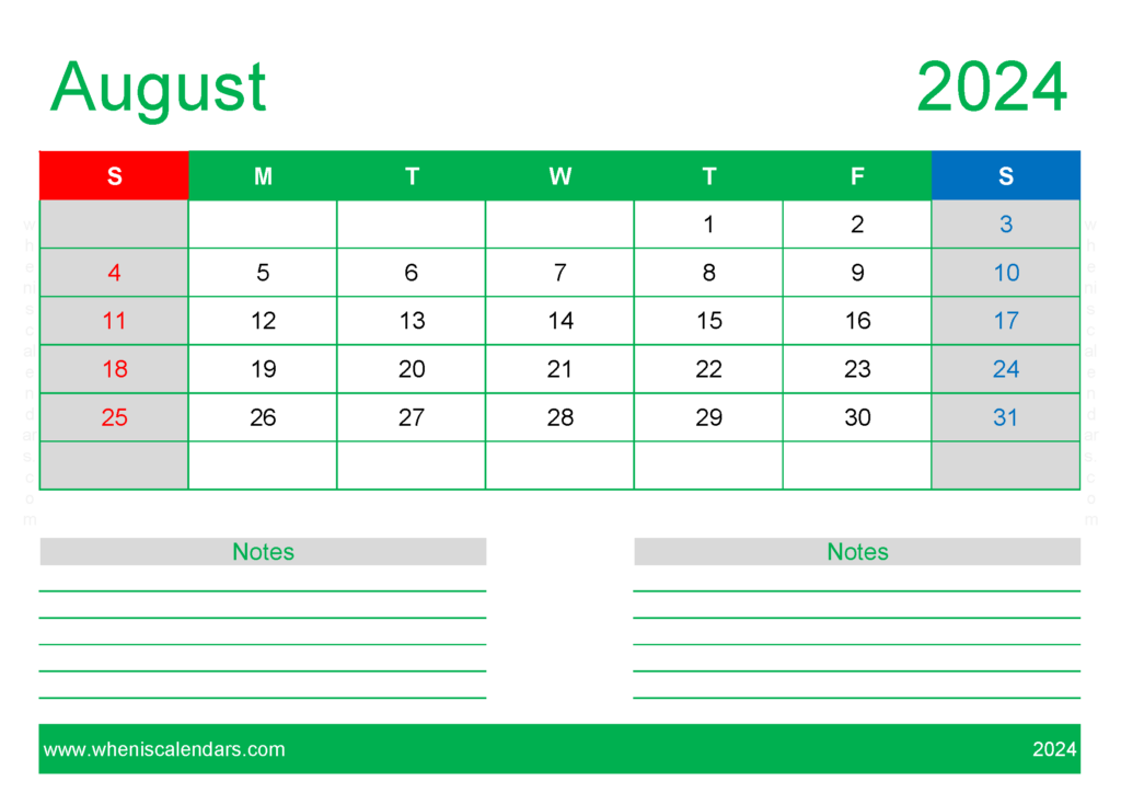 Download August month 2024 Holidays A4 Horizontal 84210