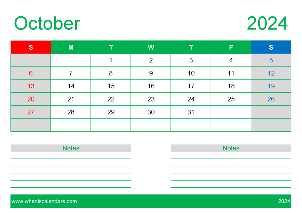 Download October month 2024 Holidays A4 Horizontal 104210