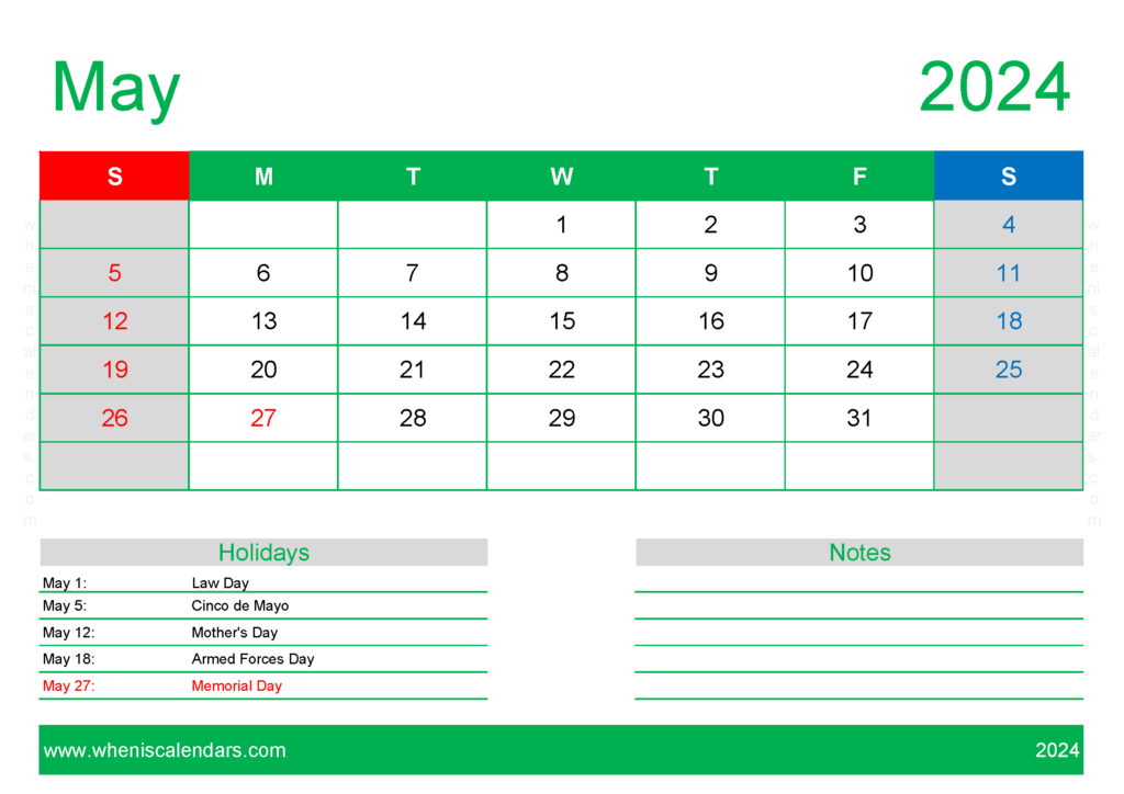 Download May 2024 Calendar Free Printable A4 Horizontal 54130