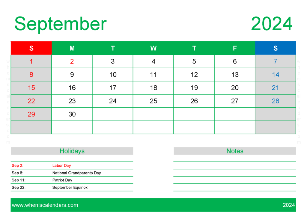 Download Sept 2024 Calendar Free Printable A4 Horizontal 94130