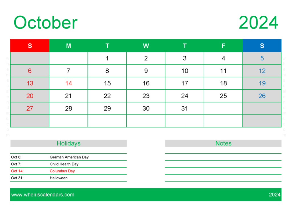 Download Oct 2024 Calendar Free Printable A4 Horizontal 104130