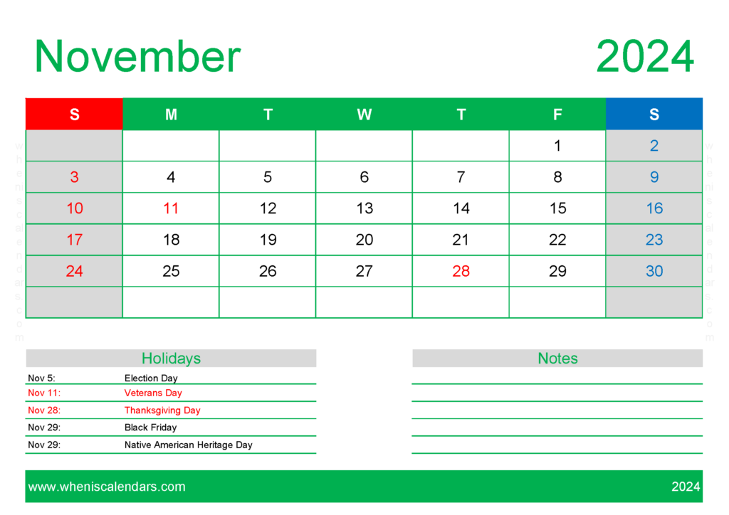 Download Nov 2024 Calendar Free Printable A4 Horizontal 114130