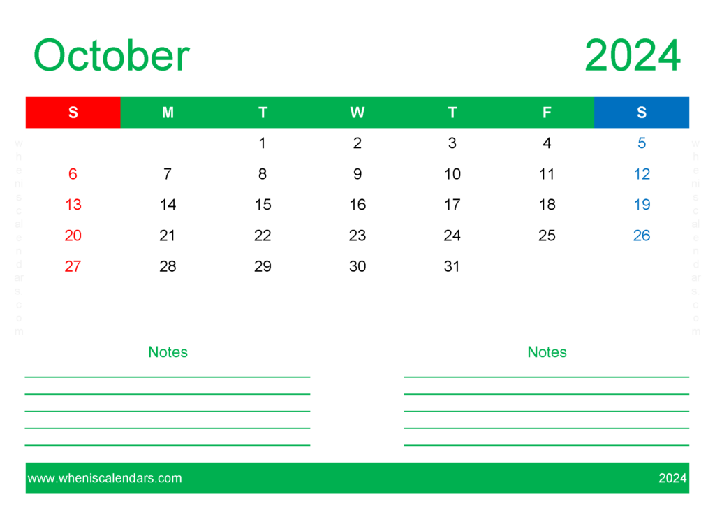 Download print October Calendar 2024 A4 Horizontal 104211