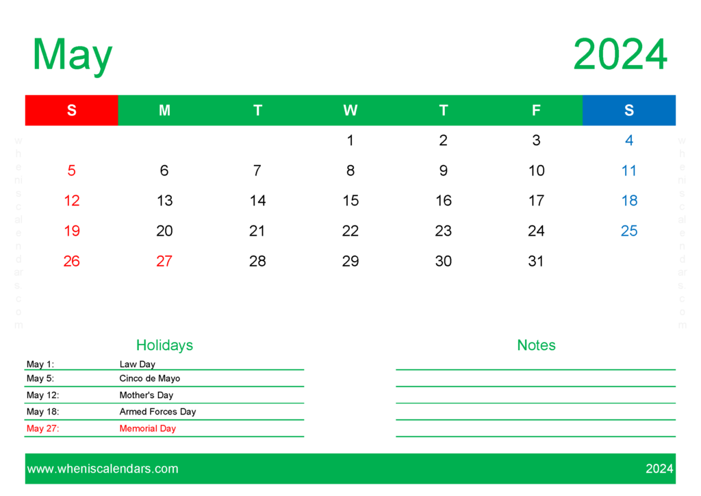 Download May Calendar Free Printable 2024 A4 Horizontal 54131