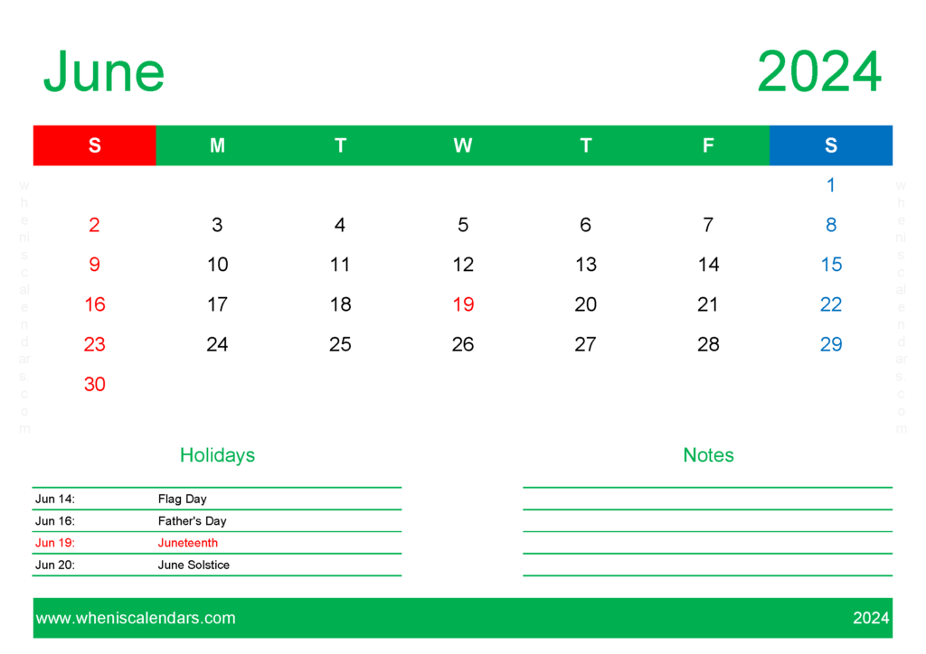 Download June Calendar Free Printable 2024 A4 Horizontal 64131