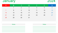 Download editable Calendar Template January 2024 A4 Horizontal J4212