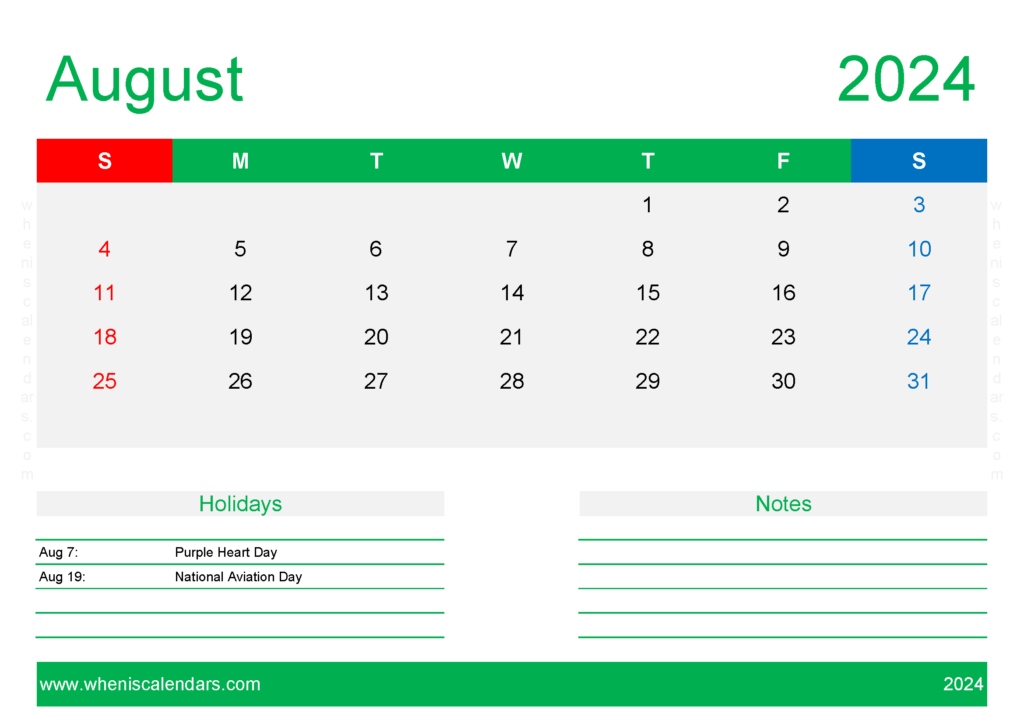 Download August Calendar Free Printable 2024 A4 Horizontal 84131