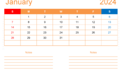 Download Free Printable Calendar com January 2024 A4 Horizontal J4213