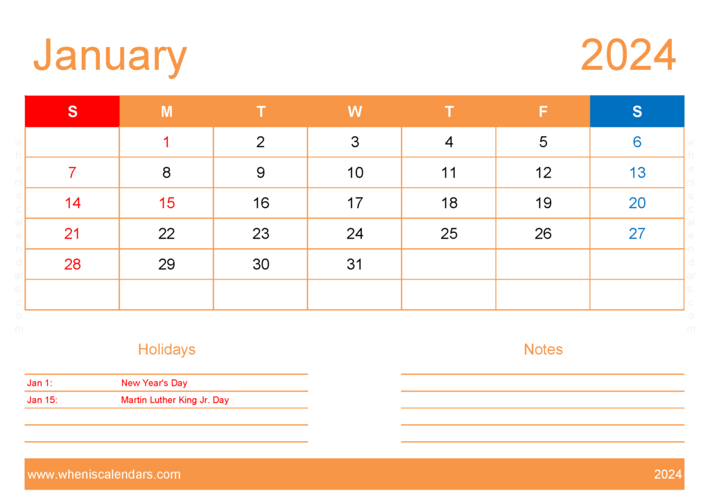 Download Calendar to print January 2024 A4 Horizontal J4133