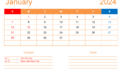 Download Calendar to print January 2024 A4 Horizontal J4133