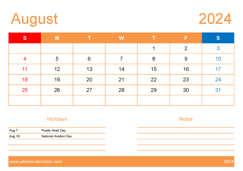 Download Calendar to print August 2024 A4 Horizontal 84133